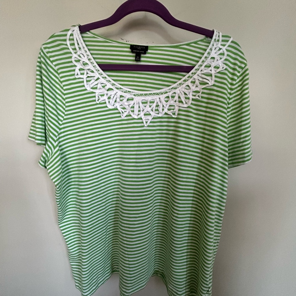 Talbots green Striped tee shirt with Lace Detail size 2x